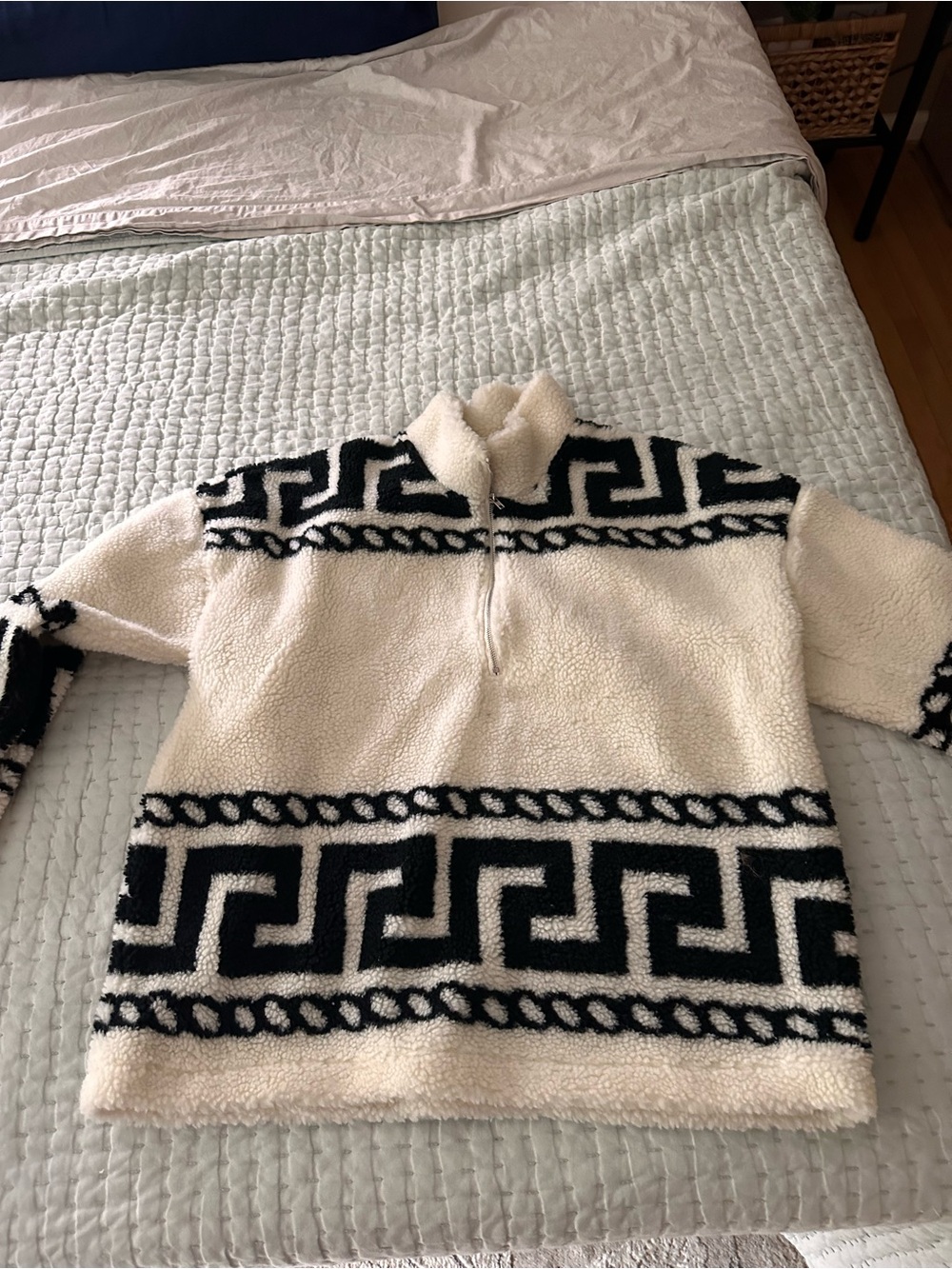 Cream & Black Patterned Sherpa Half-Zip Turtleneck Sweater